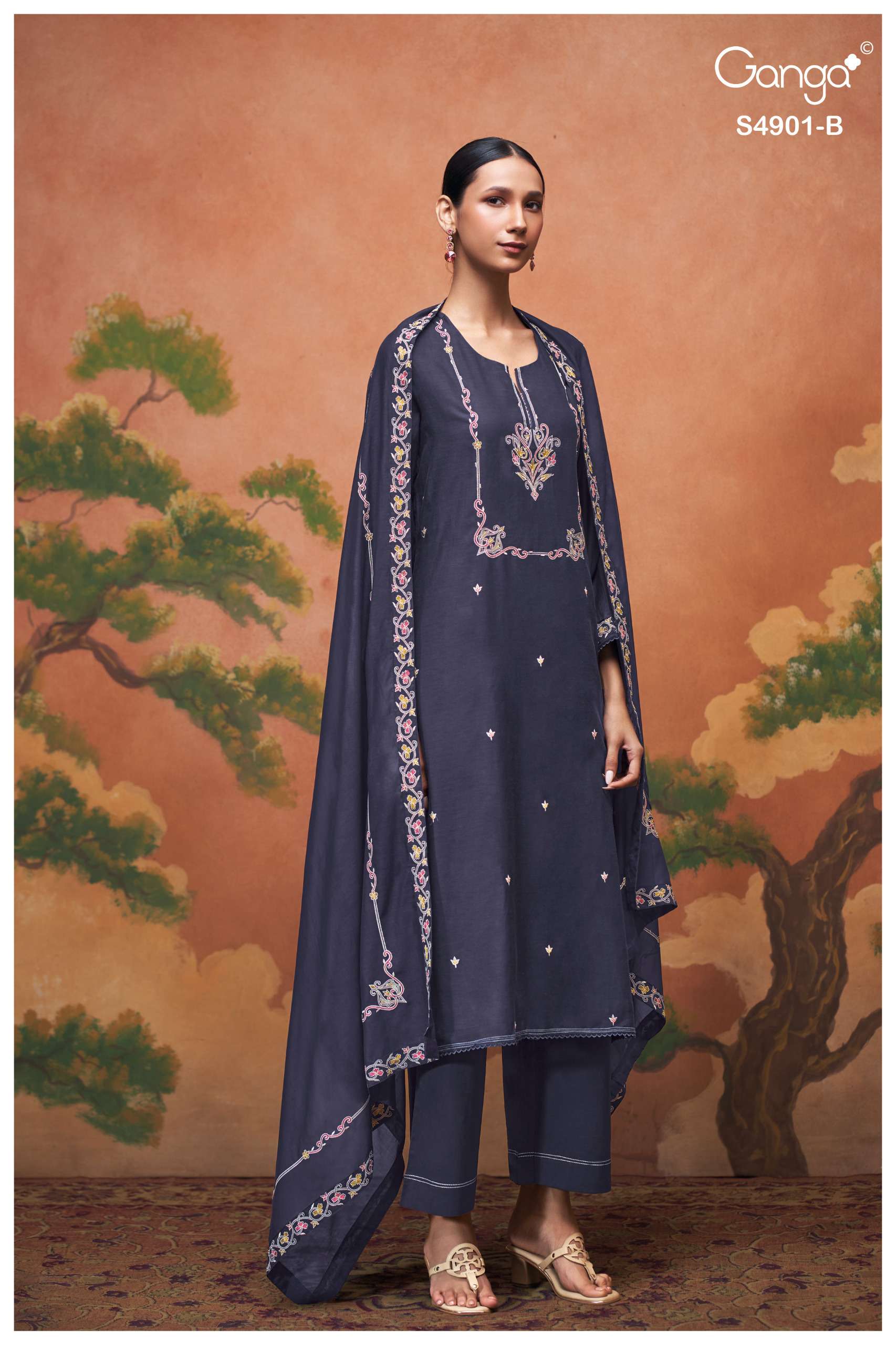 GANGA NAVISHA 4901 MUL SOLID COLOR CROCHET LACE ON DAMAN & SLEEVES SUIT LADIES EXPORT